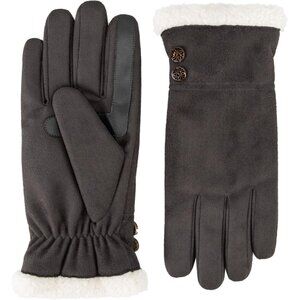 Women's Grey Water Repellent Microsuede Gloves Sherpa Lined Button Detail